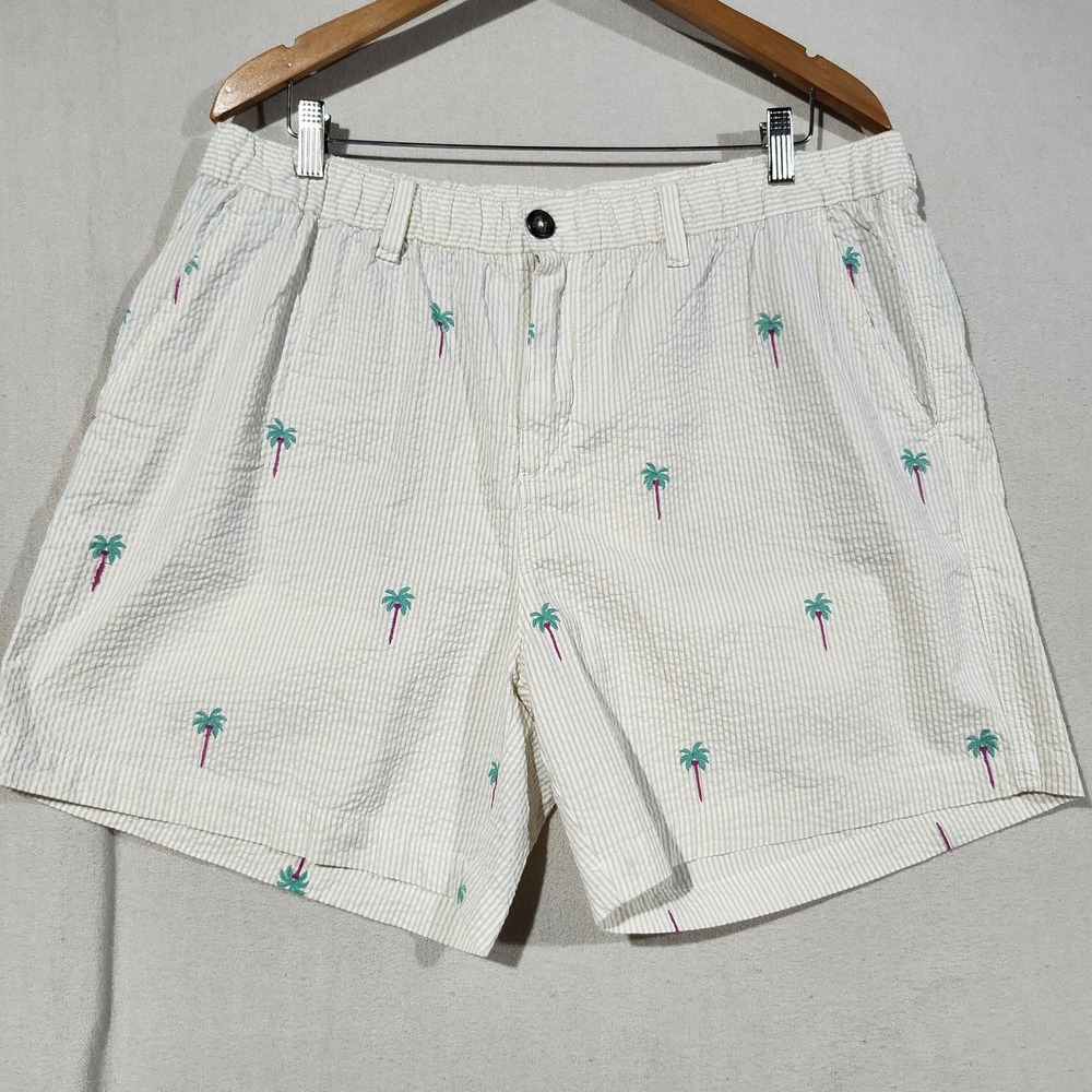 Chubbies Mens XXL Seersucker Palm Tree Embroidered Striped Shorts Tan White
